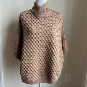 Banana Republic 100% Cotton Knit Waffle Poncho Mock Neck Gold Buckle